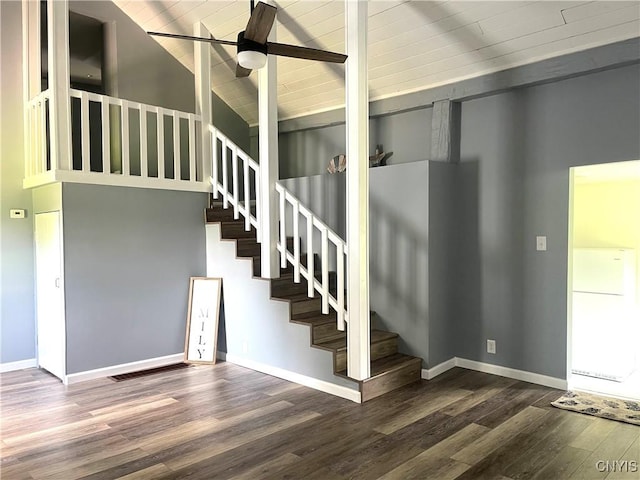 8807 N Main St, Le Ray, NY 13637 - stairway featuring wood finished floors, ceiling fan, baseboards, and wooden ceiling