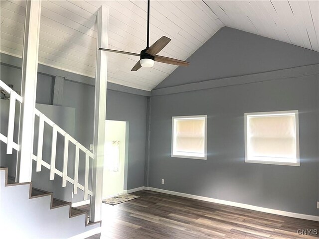 8807 N Main St, Le Ray, NY 13637 - unfurnished room featuring lofted ceiling, a ceiling fan, stairs, wood finished floors, and wood ceiling