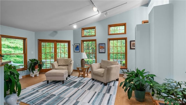 43 Larned Ln, Orchard Park, NY 14127 - sitting room with rail lighting, light wood-style flooring, and vaulted ceiling