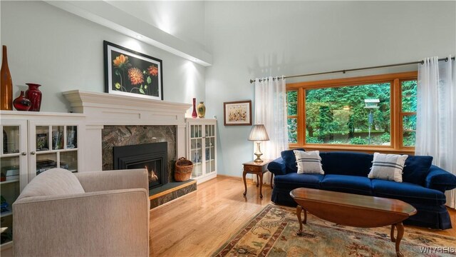 43 Larned Ln, Orchard Park, NY 14127 - living area featuring wood finished floors, a premium fireplace, and a high ceiling