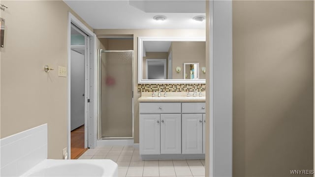 43 Larned Ln, Orchard Park, NY 14127 - bathroom with a shower stall, vanity, tile patterned flooring, backsplash, and a tub