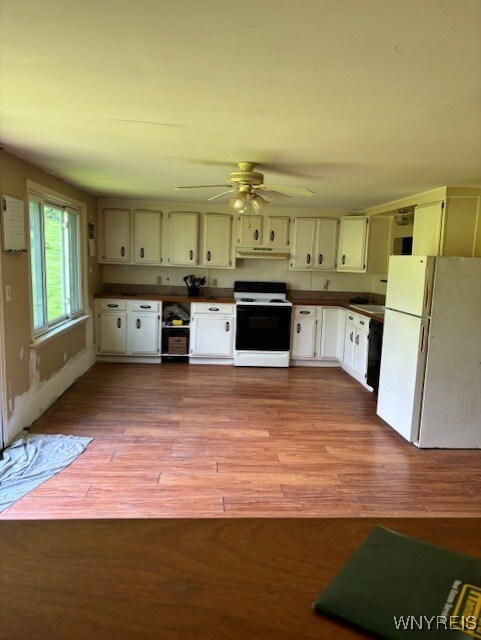 7491 S Grove Rd, Lyndon, NY 14737 - kitchen with electric stove, freestanding refrigerator, under cabinet range hood, dark countertops, and ceiling fan