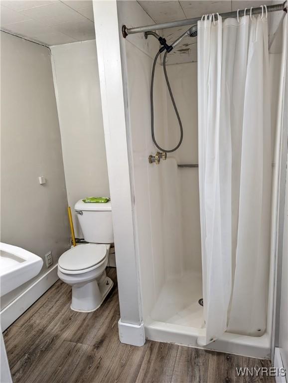 11131 Lakeshore Rd, Yates, NY 14098 - bathroom with wood finished floors, toilet, and a shower stall