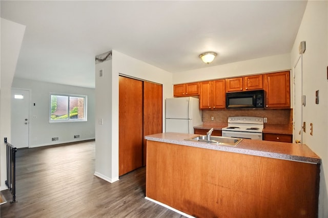 116 Surrey Hill Way, Henrietta, NY 14623 - kitchen featuring white appliances, a sink, brown cabinetry, dark wood-style flooring, and backsplash