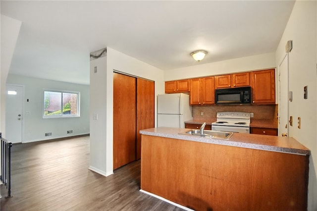 116 Surrey Hill Way, Henrietta, NY 14623 - kitchen with white appliances, a sink, brown cabinets, tasteful backsplash, and dark wood-style floors