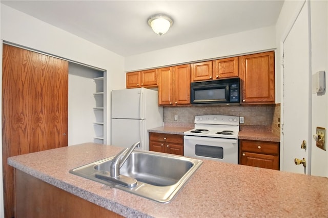 116 Surrey Hill Way, Henrietta, NY 14623 - kitchen featuring white appliances, a sink, brown cabinetry, decorative backsplash, and light countertops