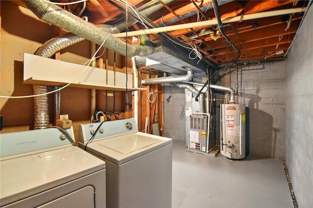 116 Surrey Hill Way, Henrietta, NY 14623 - laundry room featuring water heater, washer and dryer, heating unit, and concrete block wall