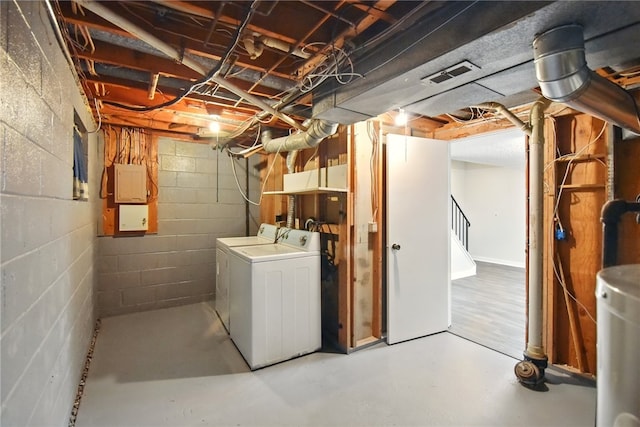 116 Surrey Hill Way, Henrietta, NY 14623 - unfinished basement with washer and clothes dryer, electric panel, and stairway