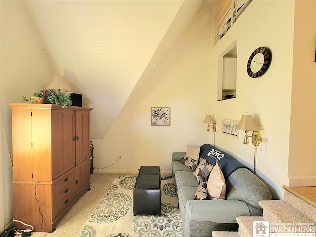 35 Miller Park, Chautauqua, NY 14722 - living area featuring light carpet, baseboards, and lofted ceiling