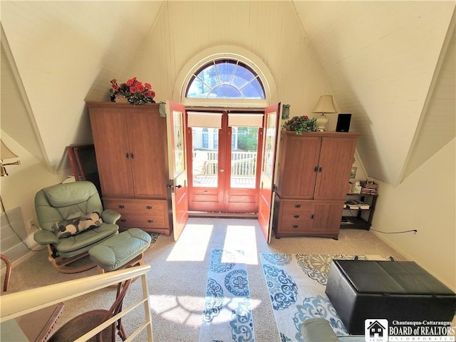 35 Miller Park, Chautauqua, NY 14722 - entrance foyer with light colored carpet, vaulted ceiling, and french doors