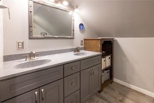 60 E Elizabeth St, Skaneateles, NY 13152 - full bathroom with wood finished floors, double vanity, and vaulted ceiling