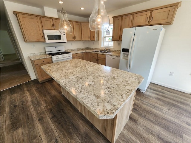 32 Jefferson St, North Dansville, NY 14437 - kitchen featuring white appliances, a center island, dark wood-style floors, recessed lighting, and hanging light fixtures