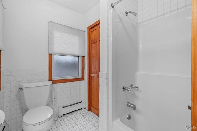 814 Oswego St, Salina, NY 13088 - bathroom featuring a baseboard heating unit, shower / bath combination, tile walls, wainscoting, and tile patterned flooring
