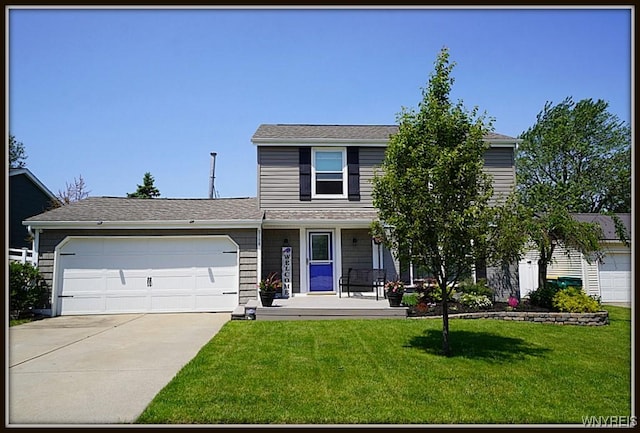 3190 Clearview Way, Hamburg, NY 14219 - view of front facade with driveway, an attached garage, a porch, and a front lawn