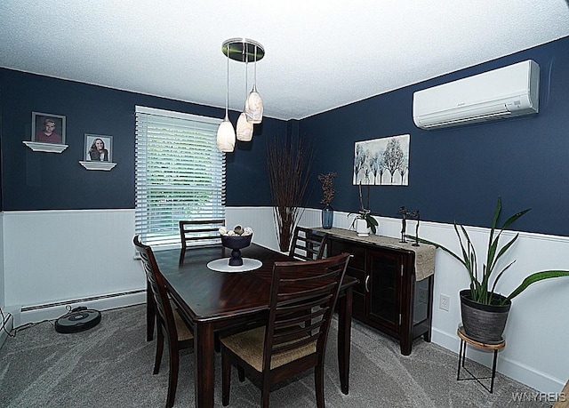 3190 Clearview Way, Hamburg, NY 14219 - carpeted dining room featuring an AC wall unit, baseboard heating, and a wainscoted wall