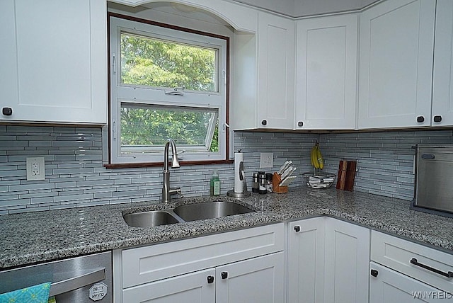 3190 Clearview Way, Hamburg, NY 14219 - kitchen with white cabinets, decorative backsplash, dark stone countertops, and stainless steel dishwasher