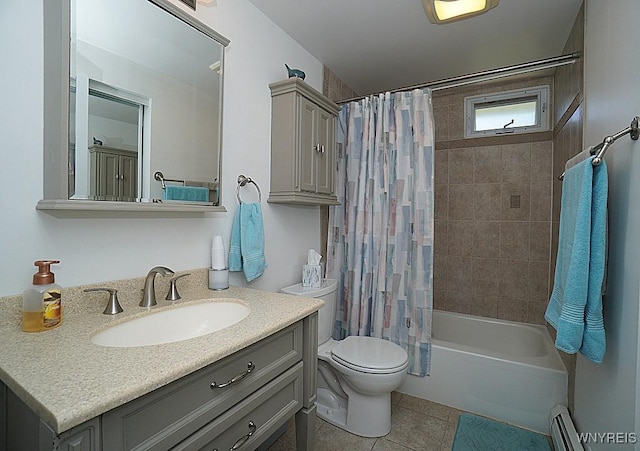 3190 Clearview Way, Hamburg, NY 14219 - bathroom featuring a baseboard radiator, vanity, shower / tub combo, and tile patterned floors