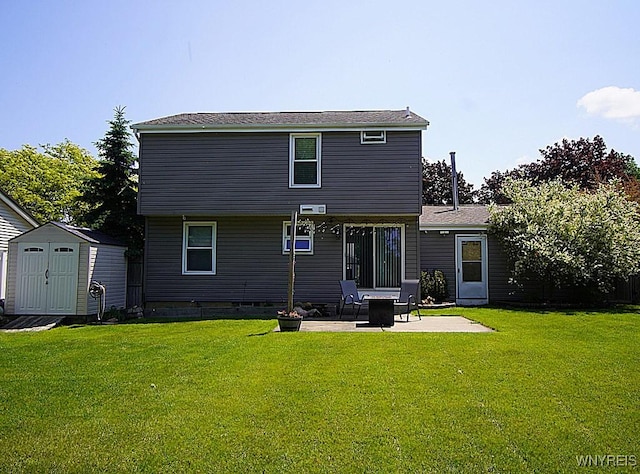 3190 Clearview Way, Hamburg, NY 14219 - back of property featuring a shed, a patio, and a lawn