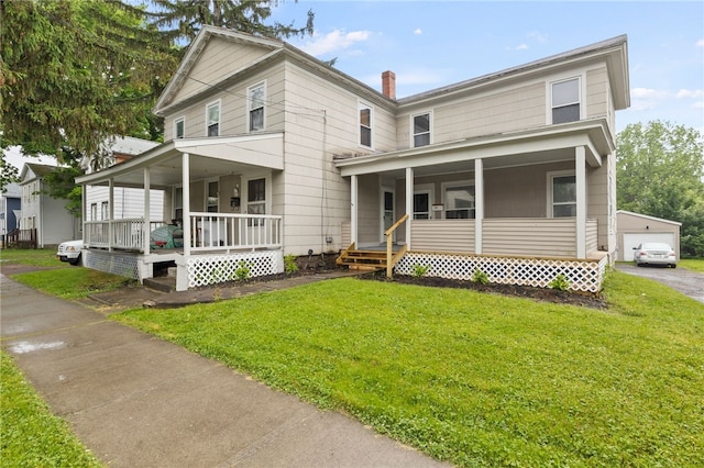 328 W Main St, Palmyra, NY 14522 - view of front of home with a porch, a front yard, a chimney, and a garage