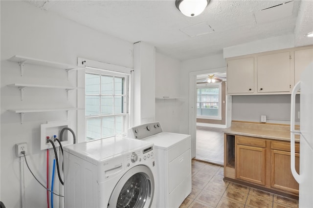 328 W Main St, Palmyra, NY 14522 - laundry area featuring washing machine and clothes dryer, a textured ceiling, a ceiling fan, and light tile patterned floors