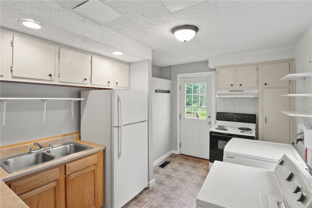 328 W Main St, Palmyra, NY 14522 - kitchen featuring electric range oven, freestanding refrigerator, under cabinet range hood, light countertops, and a textured ceiling