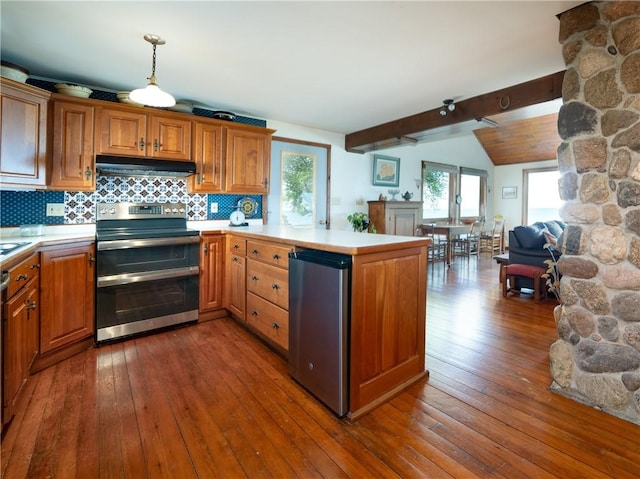 11037 Pratt Ln Unit 21, Yates, NY 14098 - kitchen with range with two ovens, extractor fan, refrigerator, and dark wood-type flooring