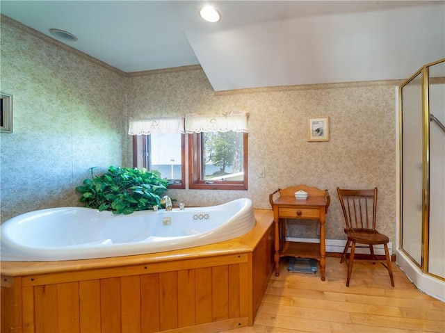 11037 Pratt Ln Unit 21, Yates, NY 14098 - full bath featuring hardwood / wood-style floors, a stall shower, a bath, and wallpapered walls