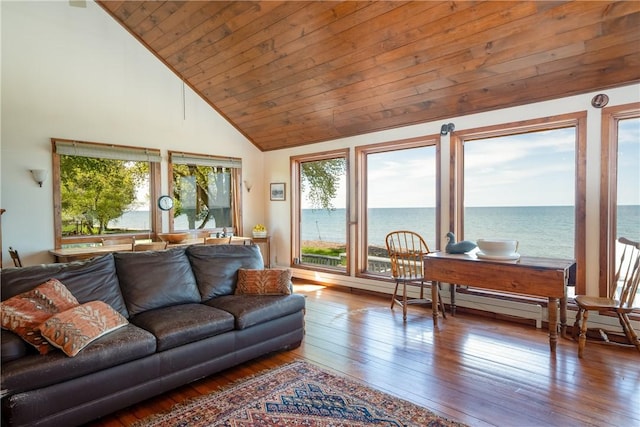 11037 Pratt Ln Unit 21, Yates, NY 14098 - living area featuring wood-type flooring, a water view, high vaulted ceiling, and wooden ceiling