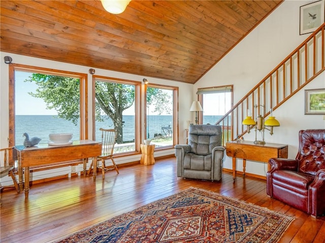 11037 Pratt Ln Unit 21, Yates, NY 14098 - sitting room with wood-type flooring, wooden ceiling, stairway, and high vaulted ceiling