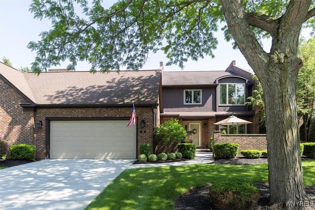 61 Hidden Ridge Cmn, Amherst, NY 14221 - view of front of property featuring a garage, brick siding, driveway, a front lawn, and roof with shingles