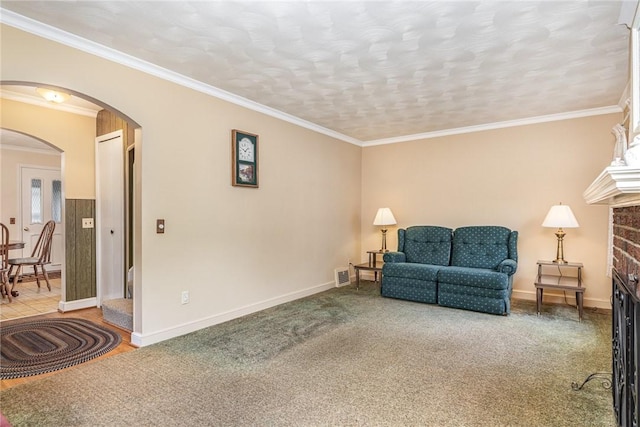 61 Avondale Rd, Irondequoit, NY 14622 - living area featuring arched walkways, ornamental molding, and a brick fireplace