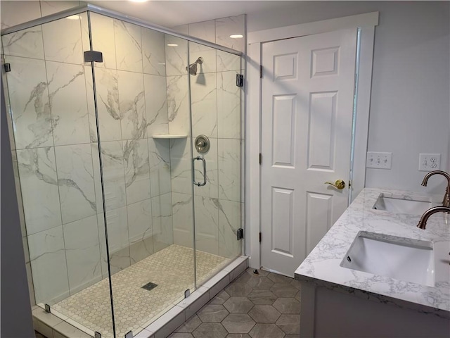 43 Harvest Rd, Perinton, NY 14450 - full bath with a stall shower, tile patterned floors, and double vanity