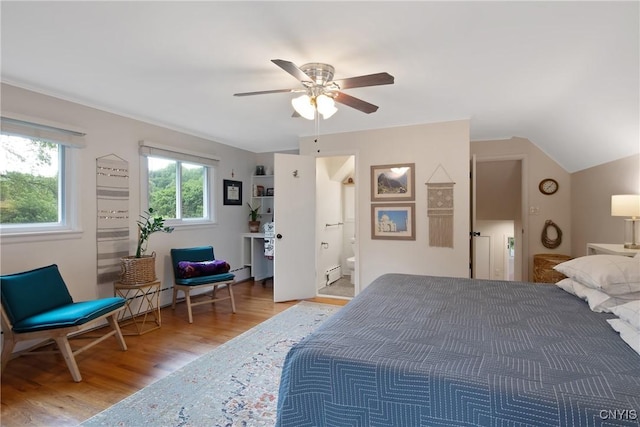 2304 Euclid Ave, Syracuse, NY 13224 - bedroom with wood finished floors, a baseboard radiator, lofted ceiling, and ceiling fan