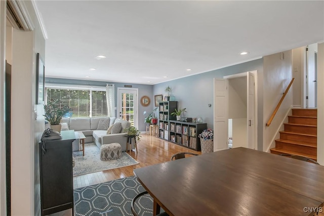2304 Euclid Ave, Syracuse, NY 13224 - living area with wood finished floors, stairs, and recessed lighting