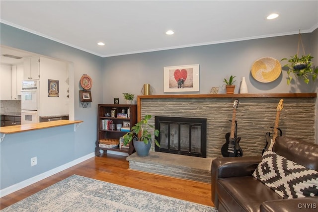 2304 Euclid Ave, Syracuse, NY 13224 - living room featuring wood finished floors, a glass covered fireplace, crown molding, and recessed lighting