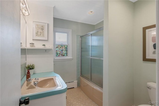 2304 Euclid Ave, Syracuse, NY 13224 - bathroom featuring baseboard heating, vanity, shower / bath combination with glass door, and tile patterned floors