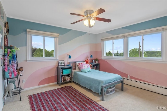 2304 Euclid Ave, Syracuse, NY 13224 - carpeted bedroom featuring a baseboard radiator, a ceiling fan, and crown molding