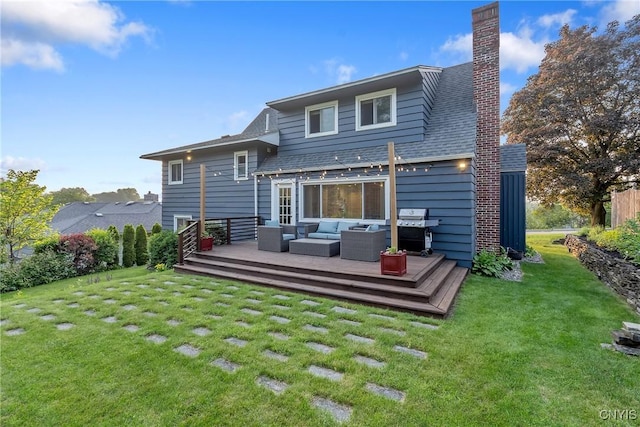 2304 Euclid Ave, Syracuse, NY 13224 - rear view of house featuring an outdoor hangout area, a deck, a chimney, and a lawn