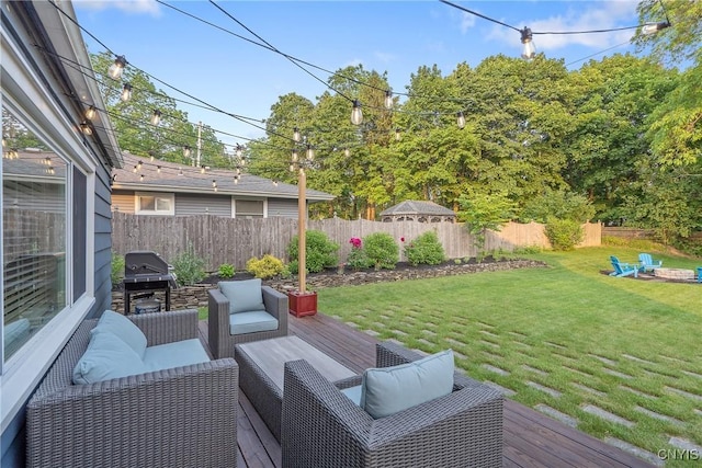 2304 Euclid Ave, Syracuse, NY 13224 - deck with a fenced backyard, an outdoor living space with a fire pit, and area for grilling