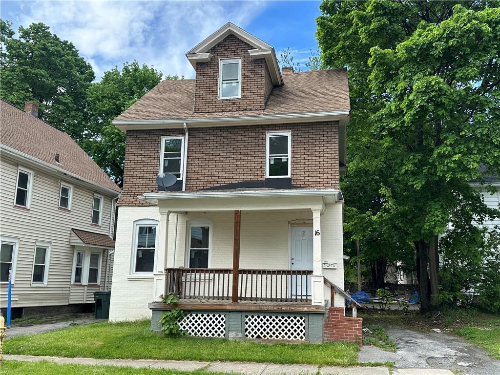 16 Bleile, Rochester, NY 14621 - american foursquare style home featuring covered porch, brick siding, and a shingled roof