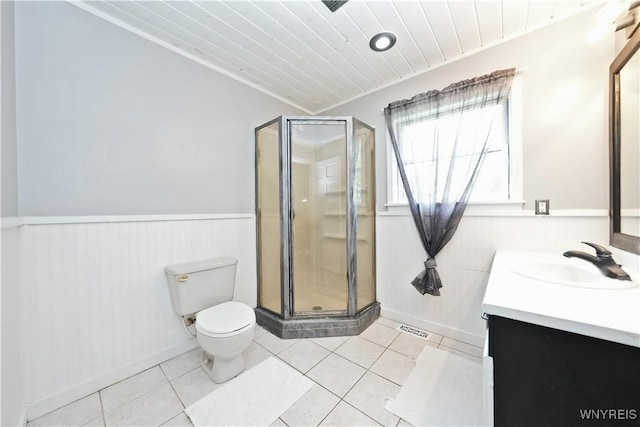 12261 Transit Line Rd, Concord, NY 14141 - bathroom with vanity, wainscoting, a stall shower, wooden ceiling, and tile patterned flooring