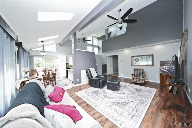12261 Transit Line Rd, Concord, NY 14141 - living area featuring ceiling fan, high vaulted ceiling, wood finished floors, and a skylight