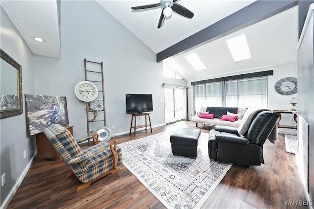 12261 Transit Line Rd, Concord, NY 14141 - living room featuring wood finished floors, beamed ceiling, a ceiling fan, high vaulted ceiling, and a skylight