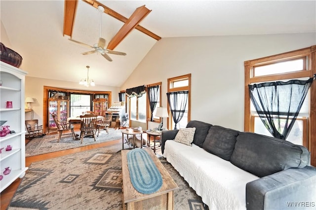 12261 Transit Line Rd, Concord, NY 14141 - living room featuring a ceiling fan, wood finished floors, and high vaulted ceiling