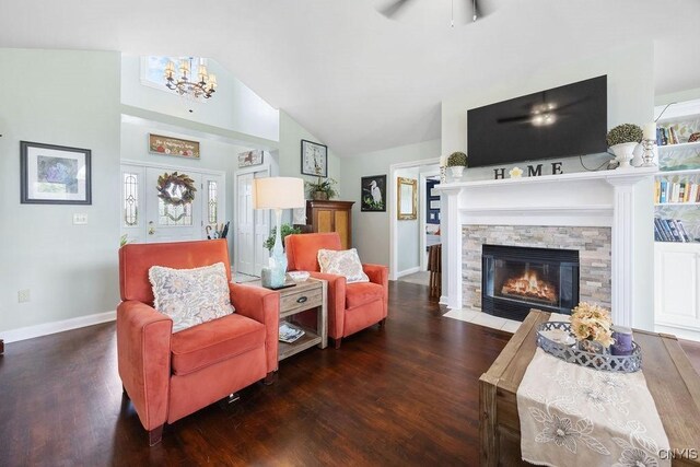 5479 Lake Rd, Tully, NY 13159 - living room featuring wood finished floors, a stone fireplace, ceiling fan, and high vaulted ceiling