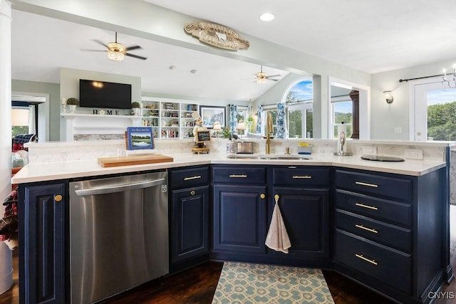 5479 Lake Rd, Tully, NY 13159 - kitchen featuring stainless steel dishwasher, ceiling fan, open floor plan, vaulted ceiling, and light countertops
