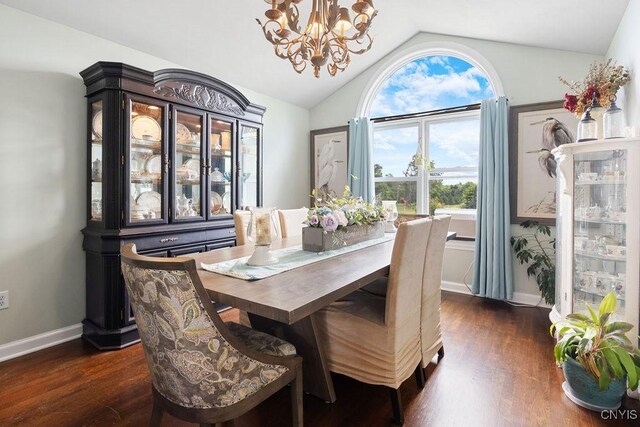 5479 Lake Rd, Tully, NY 13159 - dining room with a chandelier, vaulted ceiling, and dark wood finished floors