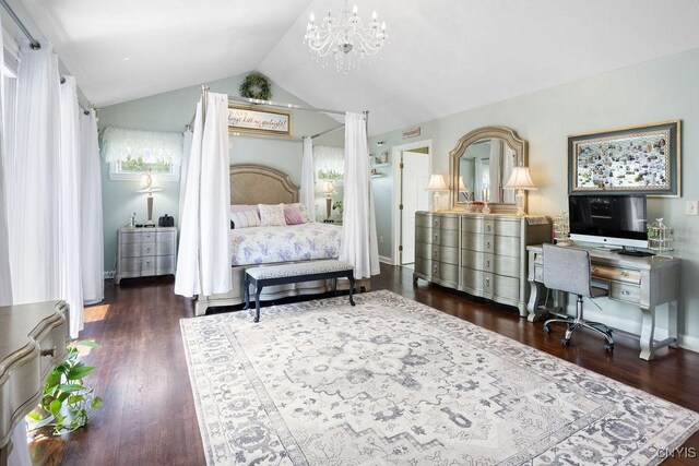 5479 Lake Rd, Tully, NY 13159 - bedroom with a desk, vaulted ceiling, wood finished floors, and a chandelier