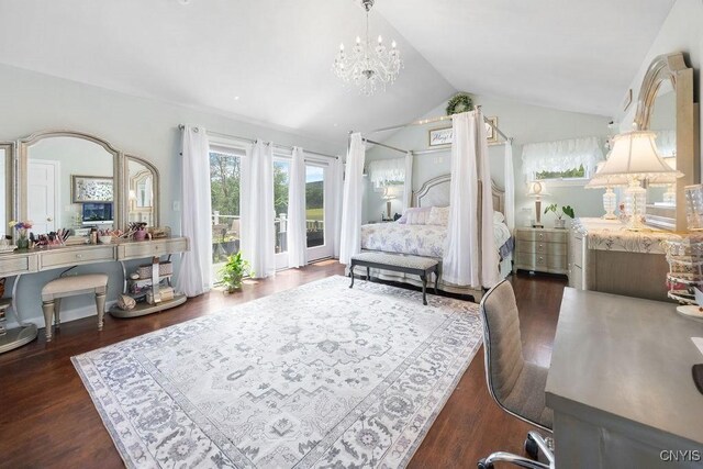 5479 Lake Rd, Tully, NY 13159 - bedroom with lofted ceiling, wood finished floors, access to outside, and a chandelier