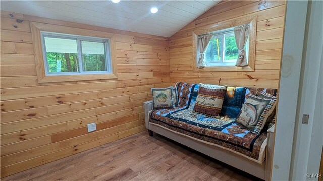6234 Reservoir Rd, Lebanon, NY 13346 - living area featuring vaulted ceiling, wooden walls, and wood finished floors